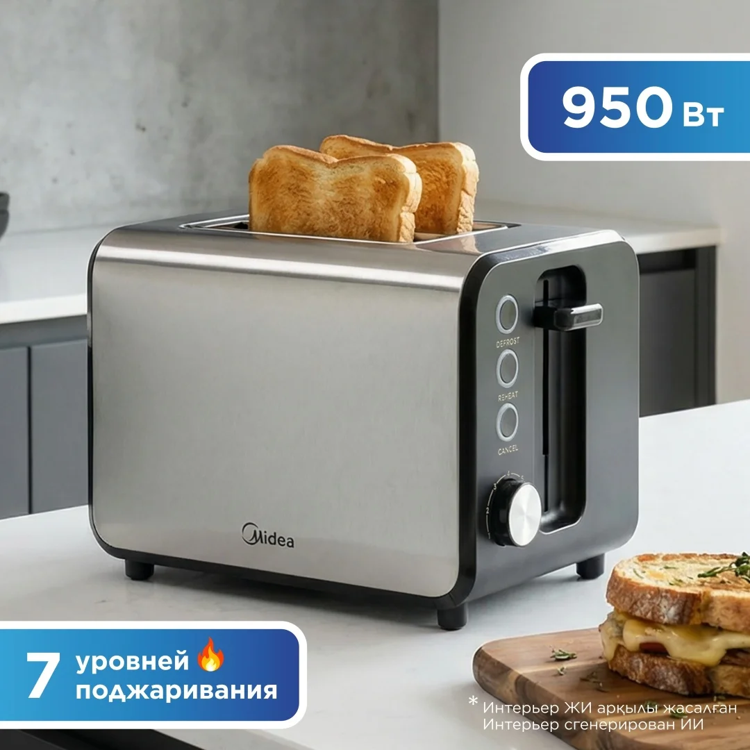Тостер Midea MT-RW2L20W болат түсті, қара