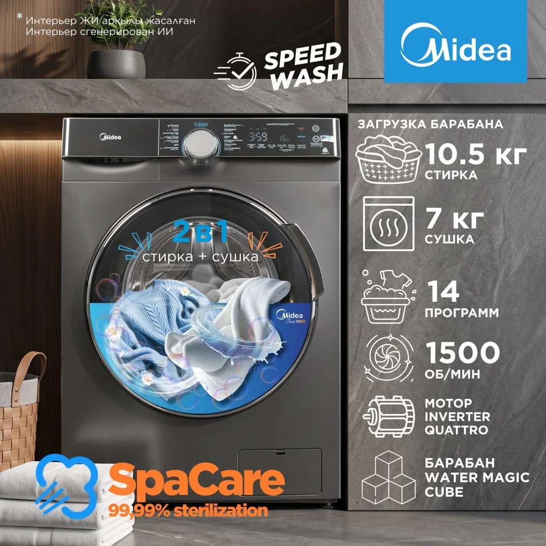 Стиральная машина Midea MFK03D105B/S-C 10.5 кг серый