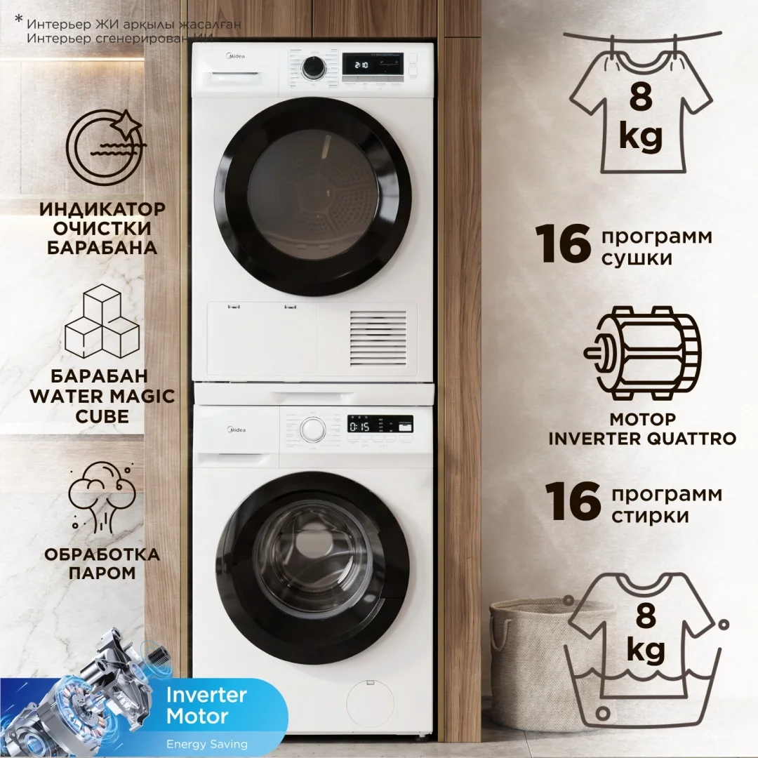 Стиральная машина Midea MFN03W80B/W-KZ+MDG05C80/W-KZ 8 кг белый