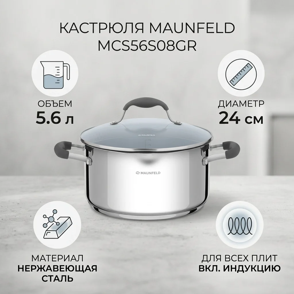 Кәстрөл 5.6 л, MAUNFELD MCS56S08GR тот баспайтын болат