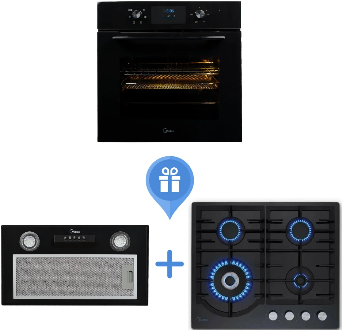 Духовой шкаф Midea MO22000GB черный + варочная поверхность MG696TGB + вытяжка MH60I300B