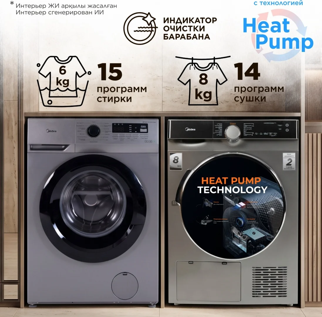 Стиральная машина Midea MFN60-S1003S + сушильная машина Midea MDK03H80/S-C 6 кг серый
