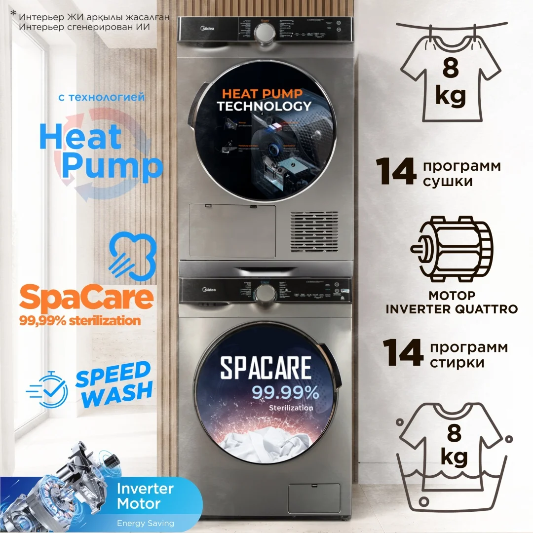 Стиральная машина Midea MFK03W80B/S-C + сушильная машина Midea MDK03H80/S-C + стыковочный комплект 8 кг серый