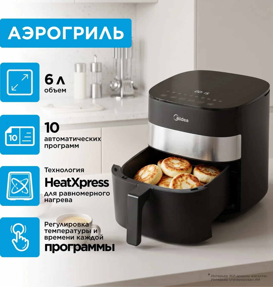 Аэрогриль Midea MF-CN55MT (B) 5 л қара, болат түсті