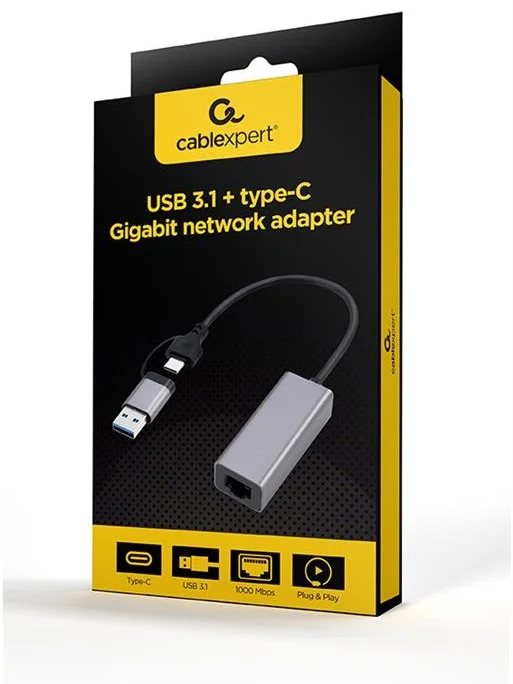 Переходник Cablexpert USB TypeC (M), 0.2 м, A-USB3AC-LAN-01 серый