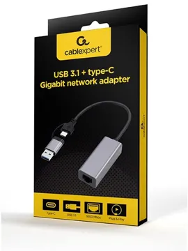 Переходник Cablexpert USB TypeC (M), 0.2 м, A-USB3AC-LAN-01 серый