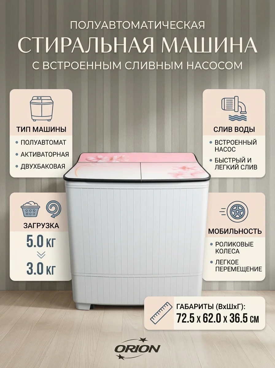 Стиральная машина ORION OWM55-2025 5.5 кг белый, розовый