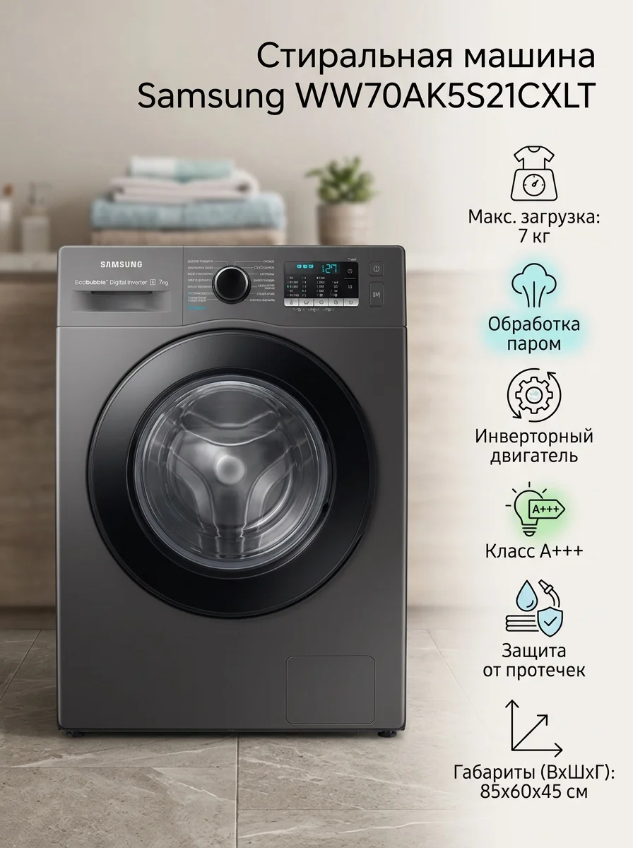 Кір жуатын машина Samsung WW70AK5S21CXLT 7 кг қара