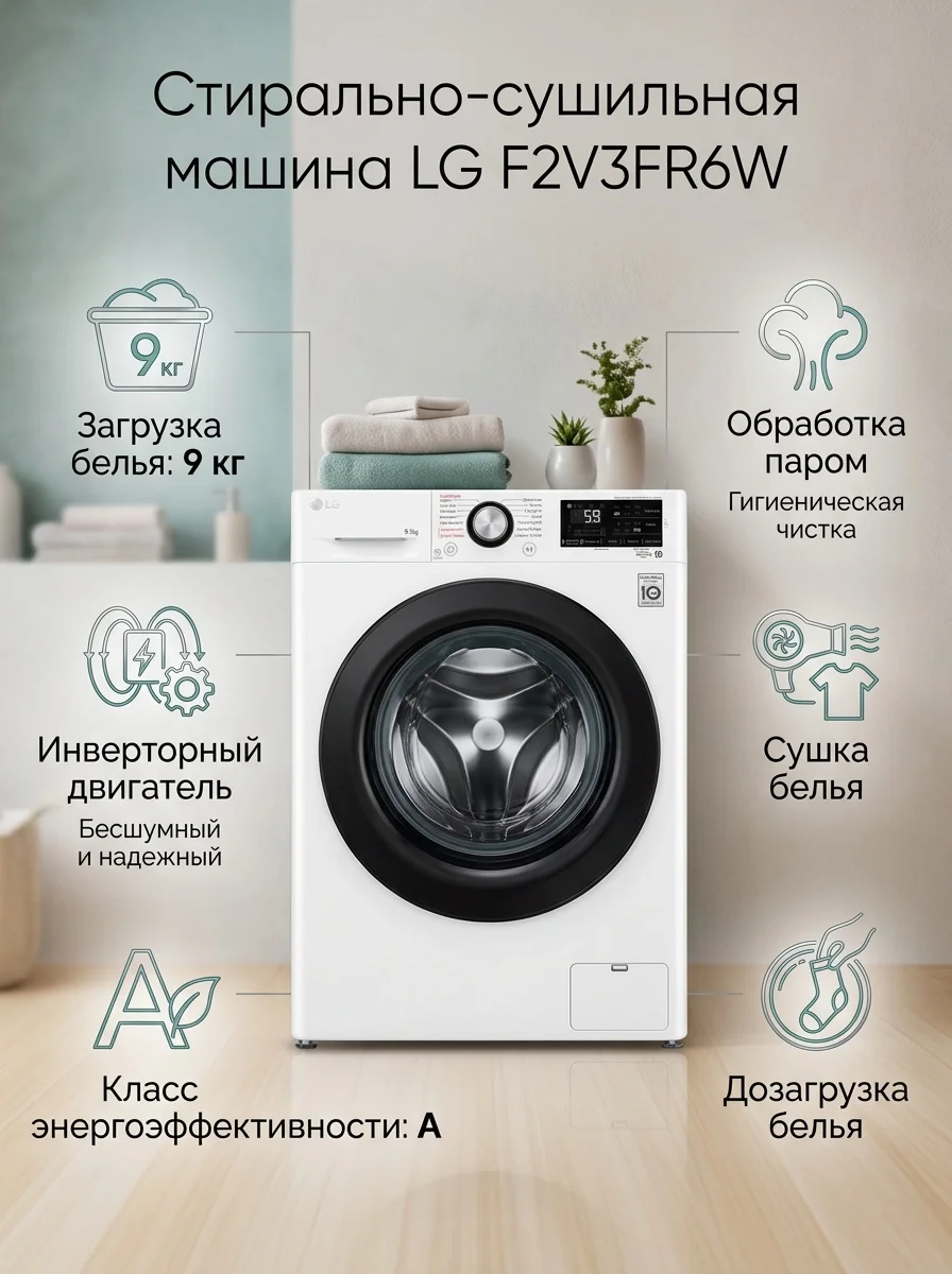Стиральная машина LG F2V3FR6W 9 кг белый