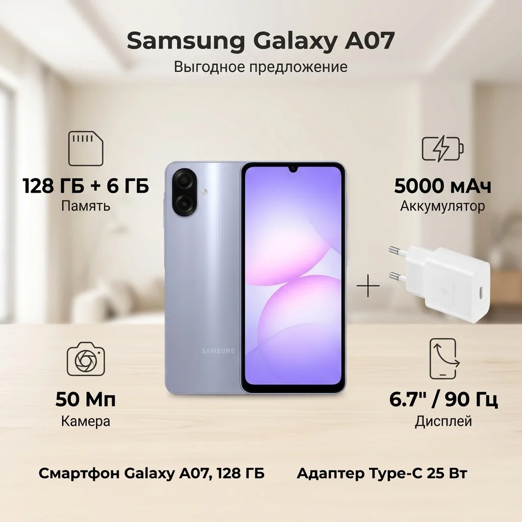 Смартфон Samsung Galaxy A07 6 ГБ/128 ГБ фиолетовый + сетевое зарядное устройство Samsung EP-T2510NWEGRU