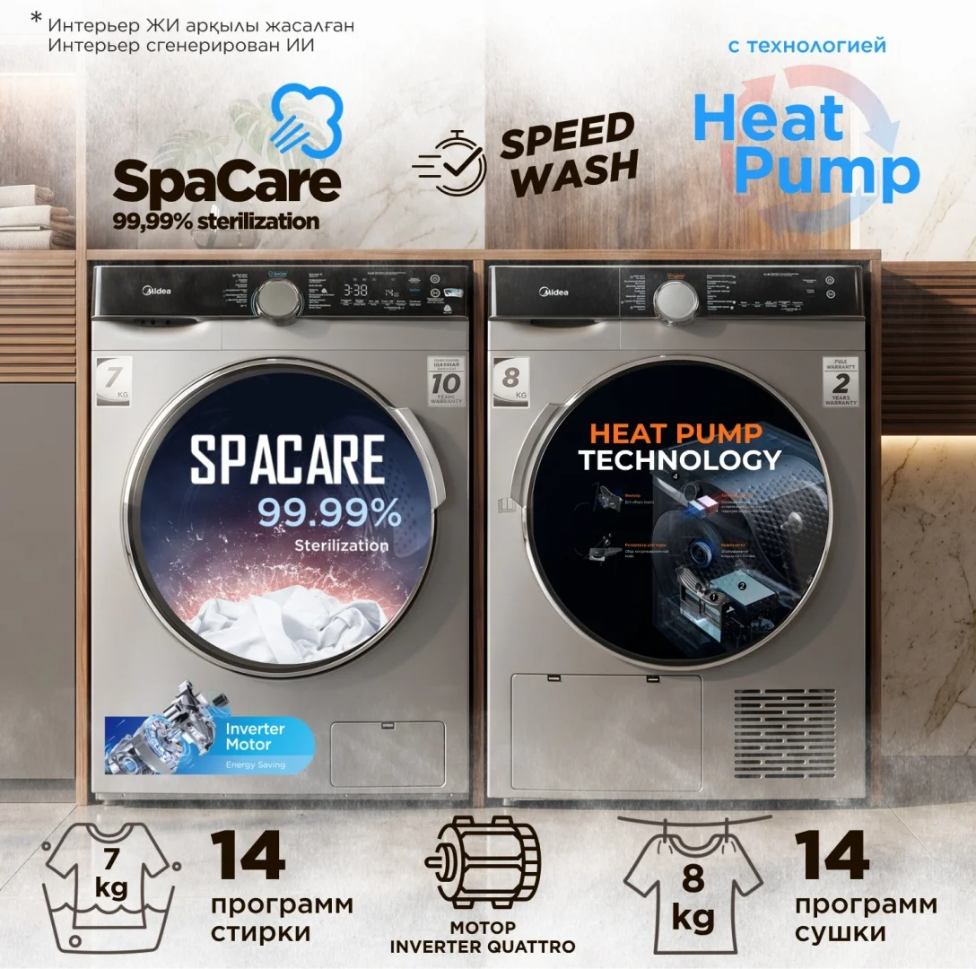 Стиральная машина Midea MFK03W70B/S-C + сушильная машина Midea MDK03H80/S-C 7 кг серый